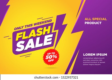 Flash sale discount banner template promotion. lightning icon Text Yellow and purple Background. vector illustration.