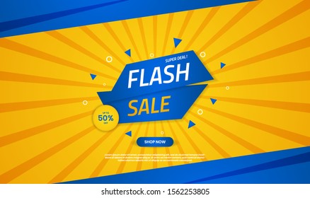 Flash sale discount banner template promotion with blue and yellow color abstract background. Simple and modern design template for use element sticker, poster, flyer, and landing page