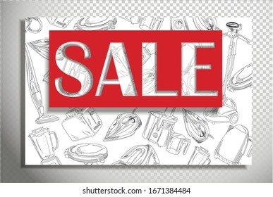 Flash sale discount banner template promotion. Transparent letters on a red background. Household appliances on a white background.