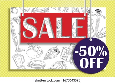 Flash sale discount banner template promotion. Transparent letters on red background. Household appliances on yellow background.