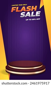 flash sale discount portait template banner with blank space 3d podium for social media feed product sale with abstract gradient blue background design7