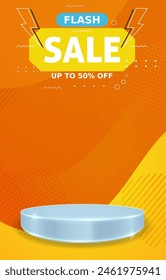 flash sale discount portait template banner with blank space 3d podium for social media feed product sale with abstract gradient orange and yellow background design8