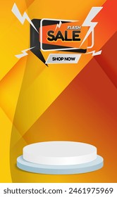 flash sale discount portait template banner with blank space 3d podium for social media feed product sale with abstract gradient orange and yellow background design10