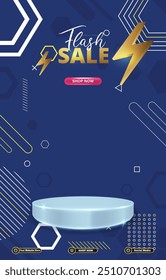 flash sale discount portait template banner with blank space 3d podium for social media post product sale with abstract gradient blue background design40