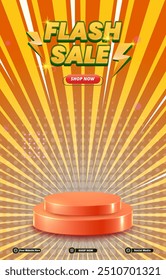 flash sale discount portait template banner with blank space 3d podium for social media post product sale with abstract gradient orange background design 32