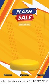 flash venda desconto portait modelo banner com espaço em branco 3d pódio para mídia social pós venda do produto com gradiente abstrato amarelo fundo design10