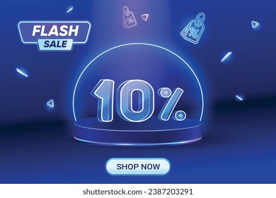 Compras con descuento en venta en flash con fondo azul. Texto estilo neón. 10% De La Campaña De Ofertas Especiales.