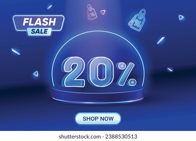 Compras con descuento en venta en flash con fondo azul. Texto estilo neón. 20% de la Campaña de Ofertas Especiales.