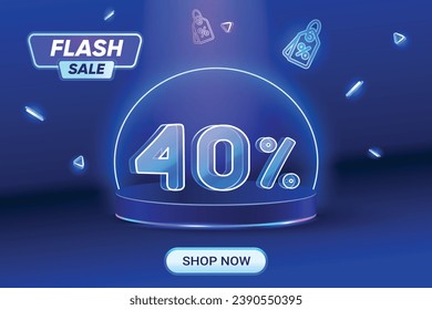 Compras con descuento en venta en flash con fondo azul. Texto estilo neón. 40% De La Campaña De Ofertas Especiales.