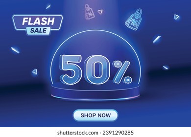 Flash Sale Discount Shopping on blue background. Neon Style Text. 50% Off Special Offer Campaign.