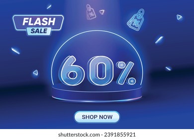 Flash Sale Discount Shopping on blue background. Neon Style Text. 60% Off Special Offer Campaign.