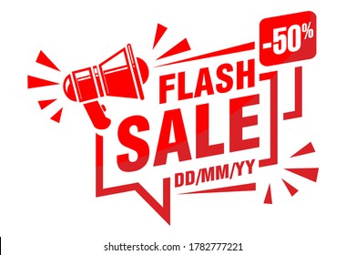 Flash sale discount sticker with megaphone template promotion. Megaphone, event date, percentage. Illustration, vector  on transparent background