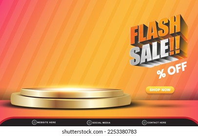 flash sale discount template banner with blank space 3d podium for product sale with abstract gradient pink and orange background design