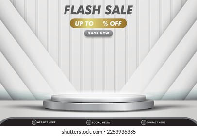 banner de plantilla de descuento de venta flash con espacio en blanco 3d podio para la venta de productos con diseño de fondo gris y blanco degradado abstracto