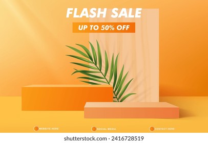 flash sale discount template banner with 3d podium for product sale with abstract gradient orange and yellow background design