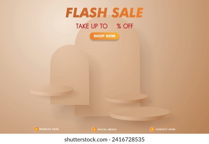 flash sale discount template banner with blank space 3d podium for product sale with abstract gradient brown background design1