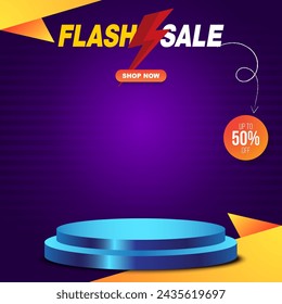 flash sale discount template banner with blank space 3d podium for product sale with abstract gradient blue and orange background design
