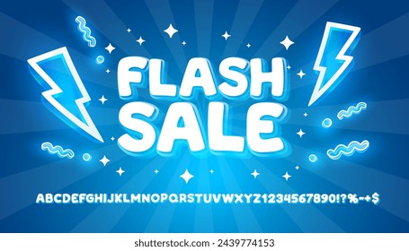 Flash Sale font, color blue. English alphabet and numbers sign. Vector illustration