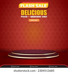 flash sale food menu square background for social media post with copy space 3d podium for product sale with abstract gradient red design