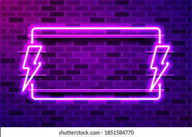 Flash sale glowing neon lamp sign. Realistic vector illustration. Purple brick wall, violet glow, metal holders.