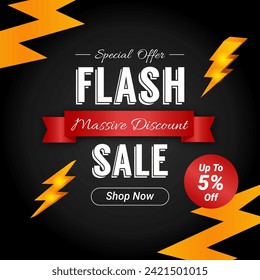 Flash Sale in Gold lightning background with up to 5% off. Massive Discount. Shop Now. Flash Sales banner with Gold lightning Icon. Special offer.