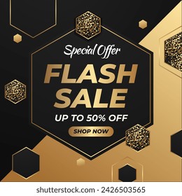 Flash Sale With Golden Font And Black Banner With Discount Up to 50% off . Special Offer. Vector illustration. Flash Sale banner template design for social media and website.