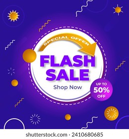 Flash Sale Gradient colorful sale background with discount up to 50%. Special Offer. Vector illustration. Shop Now. Get discount 50%.