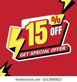 Flash sale graphic offering 15% discount. Perfect for ecommerce promotions and online marketing banners.