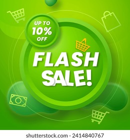 Flash Sale in Green Gradient Banner with discount up to 10%. Vector illustration. Get discount 10%. Flash Sale Banner With Shopping Cart Icon.