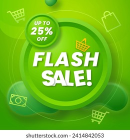 Flash Sale in Green Gradient Banner with discount up to 25%. Vector illustration. Get discount 25%. Flash Sale Banner With Shopping Cart Icon.