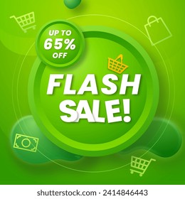 Flash Sale in Green Gradient Banner with discount up to 65%. Vector illustration. Get discount 65%. Flash Sale Banner With Shopping Cart Icon.