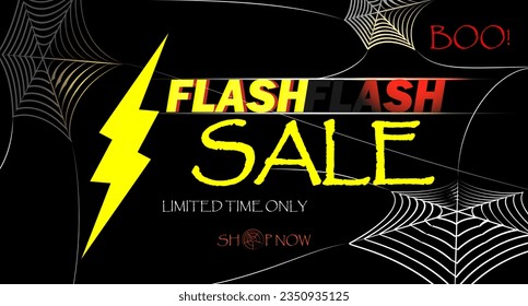 Flash Sale halloween style promotion with Flash icon and spider web with black background. Get extra discount invitation. dark tone  style. for Commercial voucher, coupon. vector illustration eps10