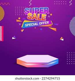 Flash sale horizontal promo banner template with 3D podium and bolt icons on purple background