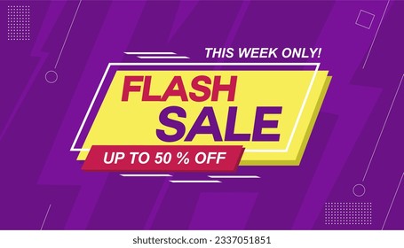 Flash sale horizontal promo banner template with bolt purple background and doodles. 