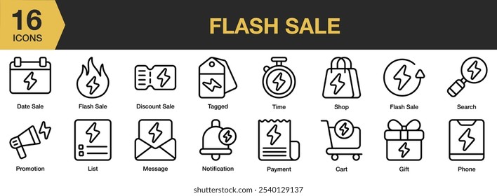 Conjunto de iconos de venta flash. Incluye Carrito, venta de la fecha, descuento, regalo, lista, y más. Colección de Vector de iconos de contorno.