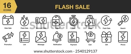 Flash Sale icon set. Includes cart, date sale, discount, gift, list, and More. Outline icons vector collection.