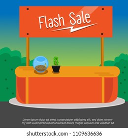 Flash sale with icon simple store with orange banner illustration 