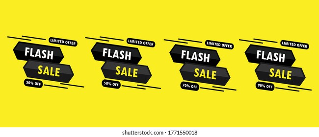Flash sale icons. limited offer. 30%, 50%, 70%, 90% Off.