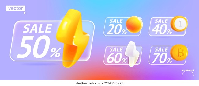 Flash sale labels with different percentage. 20, 40, 50, 60, 70 off price cut out badges with lightning bolt, coins, sphere decoration vector illustration. Vector glassmorphism style emblems.