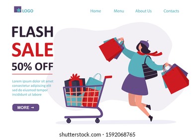Flash sale landing page template. Happy woman shopper. Caucasian girl holds packages. Big Sale concept. Female character with shopping trolley isolated on white background. Vector illustration