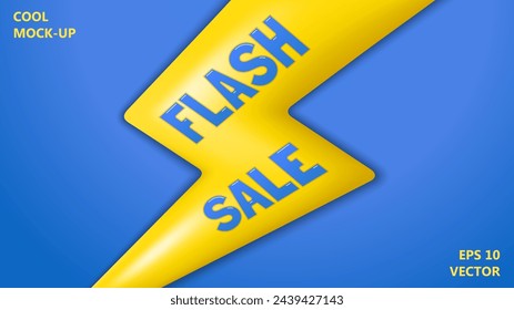 Flash-Verkauf. Großer Zick-Zack-gelber Blitz auf blauem Hintergrund. Trendiges Poster mit Plastik-Cartoon-Blitz. Realistisches 3D-Design. Vektorschablone