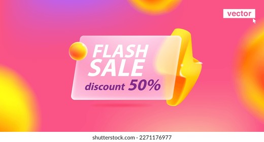 Flash sale with lightning icon in glassmorphism style on pink background banner template. Big sale, end of season special offer design. Vector UI element for Black Friday advertising promo pages.