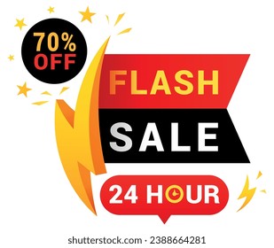 Flash sale limited shopping offer price off discount deal label with lightning stars isometric emblem vector illustration. Commercial promo retail business bargain goods buy purchase design template