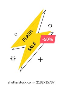 Flash Sale Logo With Lightning, Thunder, Bolt And Label Of Discount In Hipster Retro 3d Style For Offer. Vector.