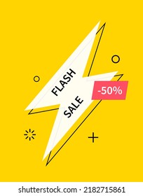 Flash Sale Logo With Lightning, Thunder, Bolt And Label Of Discount In Hipster Retro 3d Style For Offer. Vector.