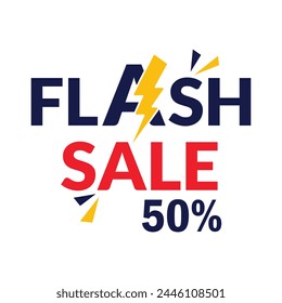 Flash sale logo vector banner design. Flash Sale 50% off Logo Concept with thunderbolt.