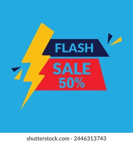 Flash-Verkauf-Logo-Vektorgrafik-Banner-Design. Flash Sale 50% Rabatt auf Logo Concept mit Thunderbolt.
