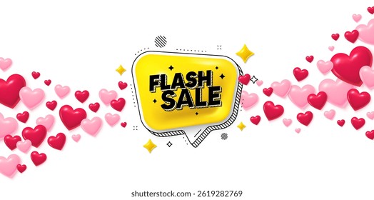 Banner de amor de venda flash com corações 3d. Fundo de corações voadores. Bolha 3d de venda do flash. Banner adesivo de desconto. Ícone de oferta especial de chat. Cartão comemorativo do Dia dos Namorados. Vetor