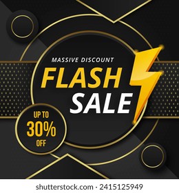 Flash Sale in Luxury background with discount up to 30%. Vector illustration. Massive Discount. Flash Sale Banner with Golden Thunder Sign on Golden Background.