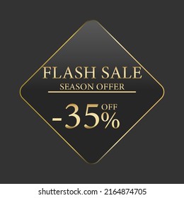 FLASH SALE LUXURY BANNER. Gold text on black square label frame. Dark background. Vector illustration